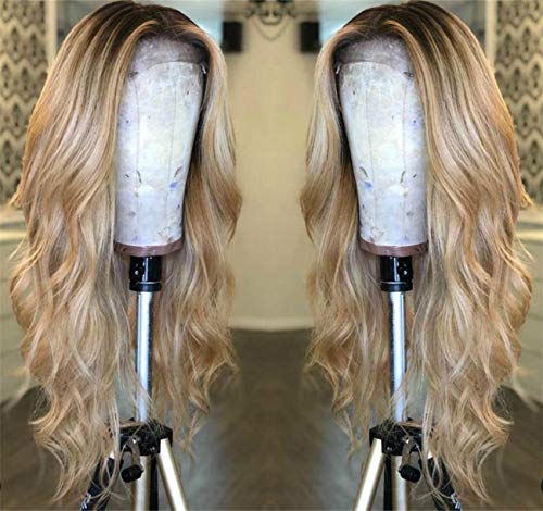 Women's Ombre Blonde Lace Front Wigs Long Wavy Soft Glueless Natural hairline Brown Roots Long Wavy 180% Density Brown Root Blonde Synthetic Wig(24inch)