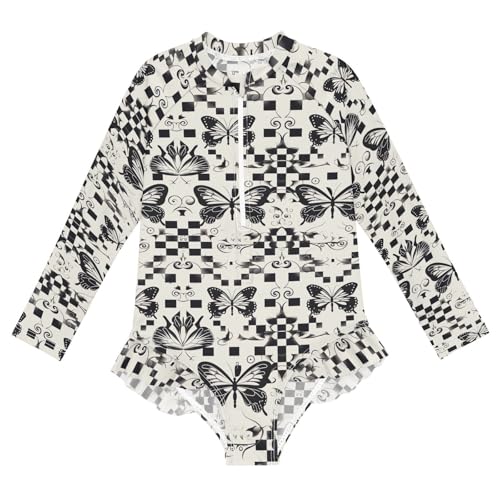 Y2k Butterflies Plaid Girls Long Sleeve Swimsuit UPF 50+ Rashguard Swimwear One Piece Bathing Suit 21220743