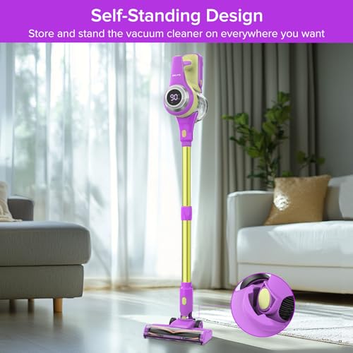 Belife Cordless Vacuum Cleaner for Home, Lightweight Stick Vacuum with Self-Standing, Rechargeable Wireless Vacuum with LED Screen & Anti-Tangle for Hardwood Floor, Pet Hair, Carpet (Purple)