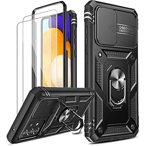 LeYi for Samsung Galaxy A52 5G/A52S Case with Slide Camera Cover and 2 Tempered Glass Screen Protector,Ring Holder Full Body Protective Heavy Duty Shockproof Rubber Tough Hard Armour Phone Cover,Black Cover