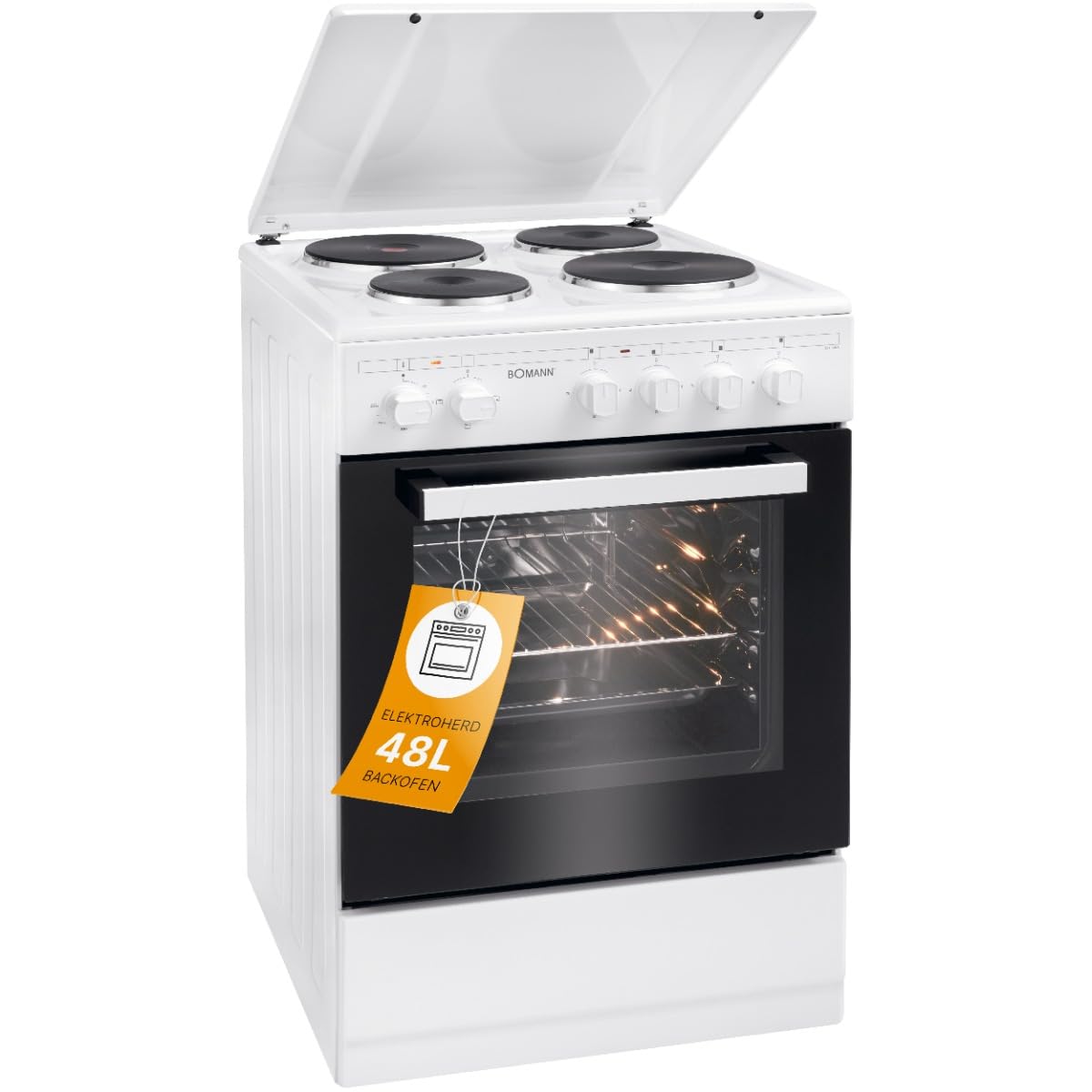 Bomann® Forno 50 cm con fornello | Fornello elettrico autoportante 50 cm con 4 piastre | Piano cottura con forno 48 l | calore superiore/inferiore | 40 °C – 240 °C | incl. lamiera e griglia | Fornello