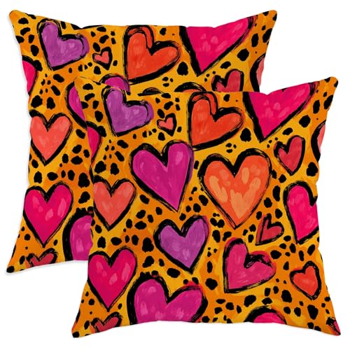 Hearts Throw Pillow Covers Set of 2, Bold Playful Leopard Spots Valentine Orange Soft Velvet Washable Pattern Pillow Covers for Living Room Bedroom Loft Office Car Decor 14x14 Inch