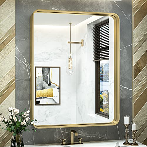 Tokeshimi Gold Bathroom Mirror For Wall 36 X 30 Inch Metal Rounded Corner Rectangle Mirror Metal Frame Deep Set Design Hangs Horizontal Or Vertical #TOP8