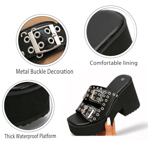Women Platform chunky heel Gothic Slide Sandals with Adjustable Double Strap Buckle Fashion Square Toe Slip-On Comfortable block high heel Punk sandals For Summer Cosplay Parties4