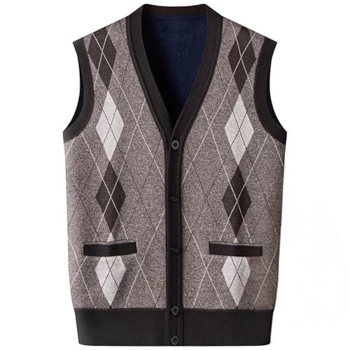 Cambkatl Sweater Vest for Men Winter Warm Fleece Lined Argyle Button Down V Neck Knitted Cardigan Sleeveless Waistcoat