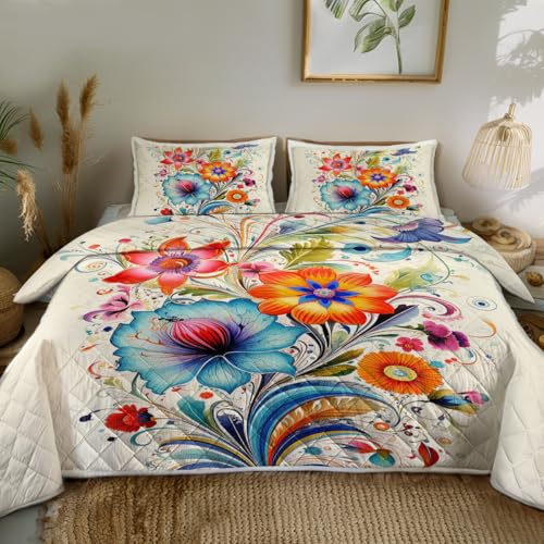 Sleepwish A Riot of Blossoms Print Quilt Set Soft Lightweight Bed Set Brown Bedspread 3pcs for Kids Teens Girls with 1 Quilt and 2 Pillow Covers (Queen)
