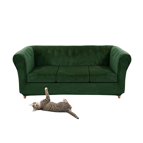 SYLC Stretch Velvet Chesterfield Sofa Cover, Couch Cover with Seat Cushion Cover for Curved Settee Armchair Vintage Style (Dark green,Sofa+3 Large Seats) - Dark Green - Sofa+3 Large Seats