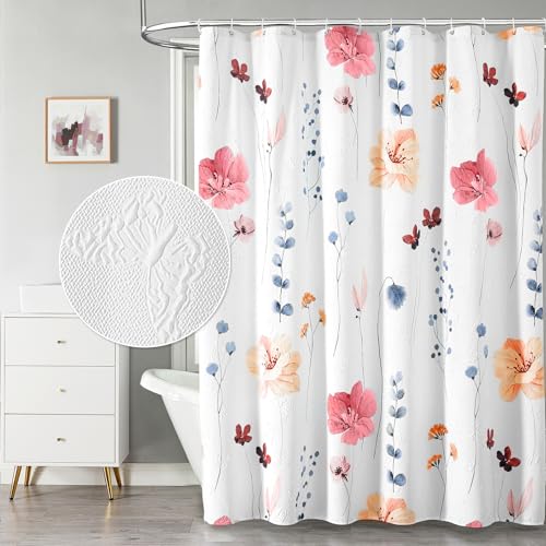 Image of QiyI Watercolor Floral Shower Curtain, 3D Embossed Butterflies Peach Pink Flower Bathroom Curtain, Minimalist White Cloth Bath Curtain, Waterproof Fabric Textured Shower Curtain Set with Hooks, 72x72
