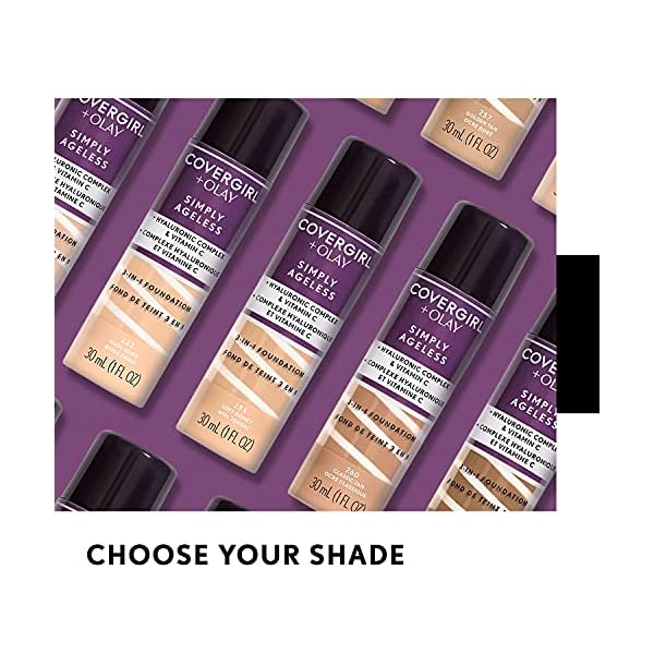 CoverGirl & Olay Simply Ageless 3-in-1 Liquid Foundation, Matte Finish, Hyaluronic & Vitamin C Formula, Cruelty Free, Creamy Natural, 1 Count