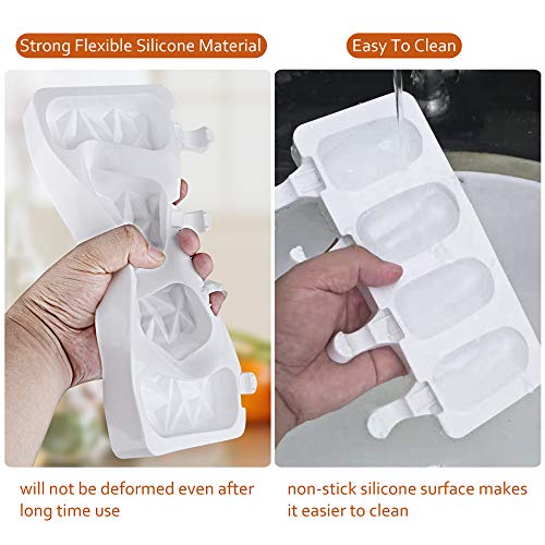 Popsicle Molds Set of 2, TIPFLY Ice Cream Mould Silicone 4 Cavities, Upgraded Ice Pop Molds Homemade 2 Pack for DIY Popsicle, Cake Pop Mold with 50 Wooden Sticks