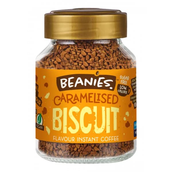 BEANIES Flavoured Instant Coffee Caramelised Biscuit Hot & Cold Coffee Makes 25 Cups 100% Arabica Coffee Smooth & Sugar Free 50g. Bottle (Caramelised Biscuit)