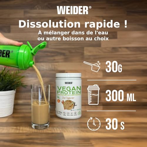 Weider Vegan Protein (300g) Goût Cappuccino. Protéines 100% Vegetal 23g/dose, Pois (Isolat Pisane) & Riz. Avec Vitamine B12 & Stevia. Sans Gluten, Sans Sucre. Emballage 50% Recyclé, 100% Recyclable – Image 5