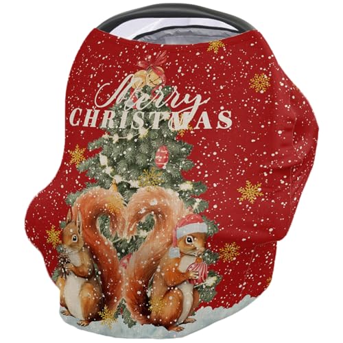 Nursing Cover for Breastfeeding Scarf, Merry Christmas Squirrel Red Retro Pine Tree Baby Car Covers Super Soft Multi Use for Canopy Shopping Cart Cover Blanket Stroller Cover