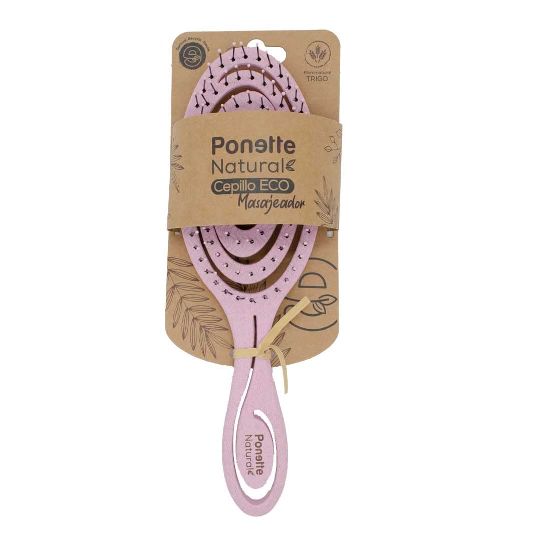 PONETTE NATURAL - Cepillo de Pelo ECO Masajeador Ecológico Desenredante Antitirones Rosa, Fabricado con Fibra Natural de Trigo, 100% Reciclable, Marca Española