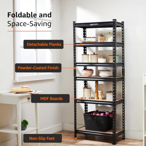 Image of Amazon Basics 6-Tier Storage Rack | Bolt-Free Assembly | Metal Stand & Thick MDF Board | 175kg Capacity Per Shelf | 72H x 24W x 12D inch Adjustable Shelf Rack for Home, Garage & Shop | Black