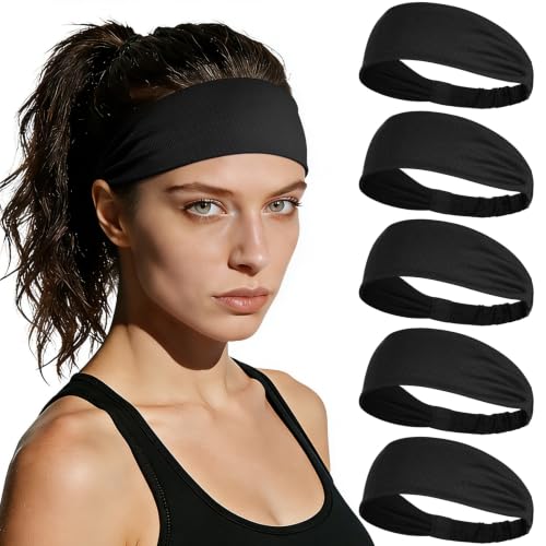 Image of ROCKTAKIN 5 Pack Running Headbands, Moisture Wicking Non-Slip Wide Elastic Sweatbands, Athletic Workout Sports Headbands for Men & Women, Running Cycling Basketball