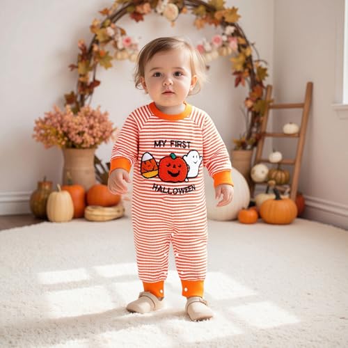 Baby Girl Thanksgiving Day Romper Long Sleeve O Neck Pumpkin Embroidery Striped Jumpsuit2