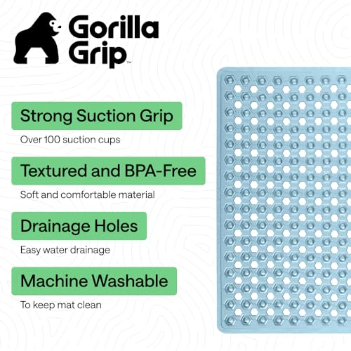Image of GORILLA GRIP Patented Square Shower Stall Mat, Small Bathtub Floor Mats for Stand Up Showers with Suction Cups and Drainage Holes, Machine Washable, Soft on Feet, Bathroom Accessories 21x21 Inch, Blue