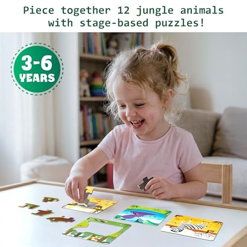 Image of Superplay Jungle Animal Puzzle Set for Kids - 12 Jigsaw Puzzles, 48 Pieces | 3 Levels Step-by-Step Learning, Preschool Educational Toy for Boys & Girls, Travel Friendly, Gifts for Ages 3, 4, 5, 6