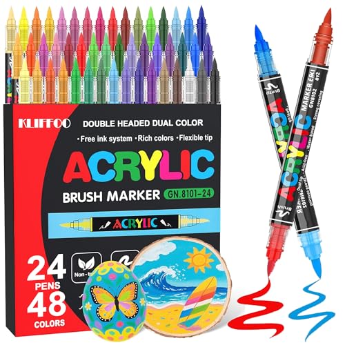 Image of KLIFFOO 48 Colors Acrylic Paint Markers,24Pcs Dual Head Brush Tip Sketch Pen for Painting,Sketching,Calligraphy, Permanent Colouring Marker Pen for Rock,Canvas,Wood, Glass,Fabric (48 Colors 24 Pcs)