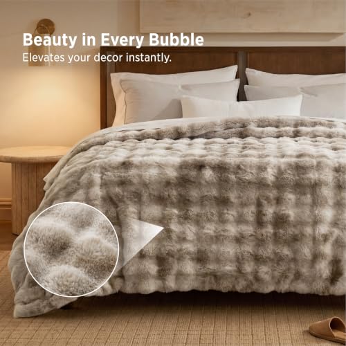 Image of Bedsure GentleSoft Bubble Faux Fur Blankets Queen Size, Fluffy Fuzzy Queen Blanket for Bed, Soft Cozy Faux Fur Bedding for Winter, Thick Warm Plush Bed Cover, Tie-dye Taupe, 90x90