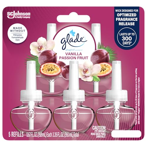 Glade PlugIns Refills Air Freshener Scented and Essential Oils for Home and Bathroom Vanilla Passion Fruit 3.35 Fl Oz 5 Count