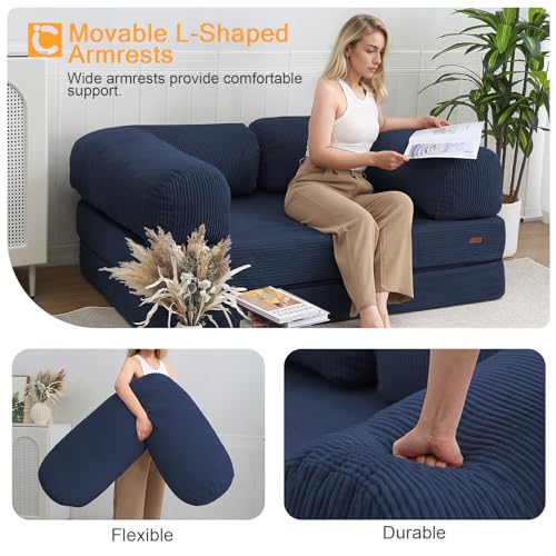 COMAX Futon Sofa Bed, 4-in-1 Floor Foldable Sofa Couch Bed Queen with L-Shaped Armrests, Convertible Folding Chair Bed Sleeper Mattress Fold Out Comfy Lounge for Living Room Bedroom, Dark Navy Blue