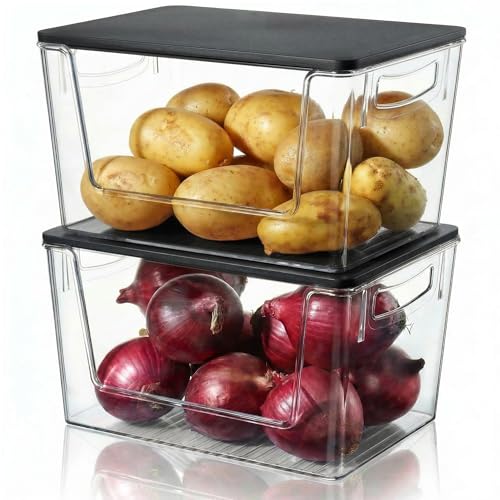 Image of Heyuzb Pantry Organizers Storage, 2 Pack Large Clear Storage Bins with Bamboo Lids for Onion, Potato, Garlic, Canned Food, Organizer Bins for Under Sink, Kitchen, Countertop, Bathroom