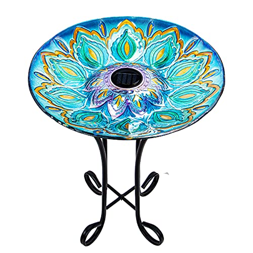 Glass Bird Bath Outdoor with Metal Stand for Lawn Yard Garden Decor Solar Large BirdBath Peacock Bird Feeder