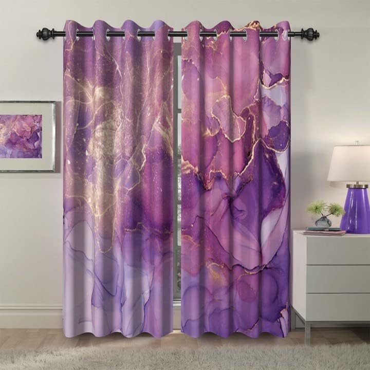 Baocicco Dreamy Purpled Marble Blackout Window Curtains Gold Glitter Texture Print Curtain with Grommets Modern Abstract Craft Darkening Drapes Decor for Bedroom Living Room 2 Panels 26x63 Inch 26"W x 63"L (Pack of 2) Dreamy Purple
