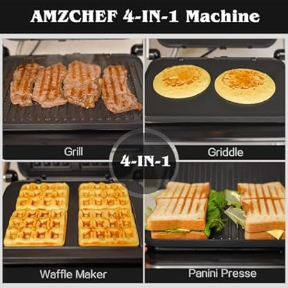 AMZCHEF Multifunktionaler 4 in 1 Kontaktgrill, Griddle, Waffeleisen & SandwichMaker mit 4 antihaftbeschichteten abnehmbaren Platten, individuelle Zeit und Temperatur,LED-Anzeige,Gesundheitsgrill 2000W – Bild 3