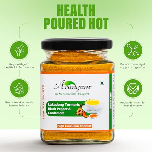 Image of Aranyam Lakadong Turmeric Drink Mix 40g - High Curcumin 7-12% Turmeric Powder from Meghalaya, Infused with Black Pepper & Cardamom, Ideal for Golden Milk, Latte, Herbal Tea & Health Drink