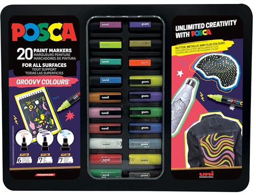Uni-Ball 186831 - Juego de rotuladores POSCA, 20 rotuladores acrílicos en estuche, juego de rotuladores Groovy Colours, punta PWE5M 1,8-2,5 mm
