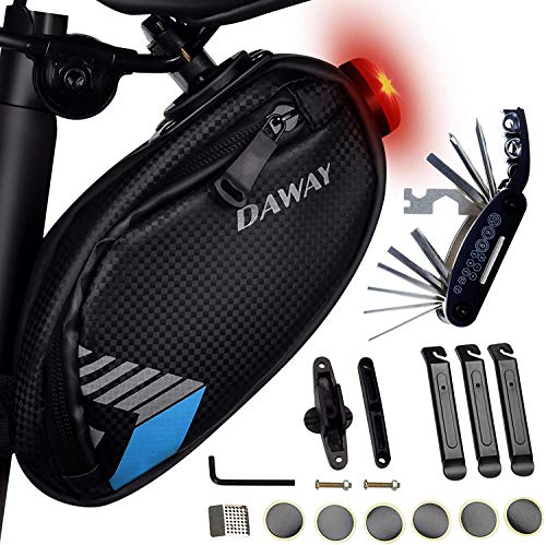 DAWAY Bike Repair Kit with Taillight A36 Waterproof Bicycle Saddle Bag, 16 in 1 Multi Tool, Glueless Tyre Tube Patches, Tire Levers Included, Practical Cycling Under Seat Pack Set DAWAY Bike Repair Kit with Taillight A36 Waterproof Bicycle Saddle Bag, 16 in 1 Multi Tool, Glueless Tyre Tube Patches, Tire Levers Included, Practical Cycling Under Seat Pack Set