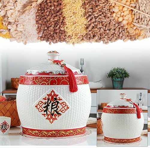Ceramiczny pojemnik do przechowywania ryżu z pokrywką - Duży dozownik żywności na ryż, fasolę, kukurydzę, pszenicę i płatki owsiane - Szczelny słoik na ziarno do organizacji kuchni i świeżości