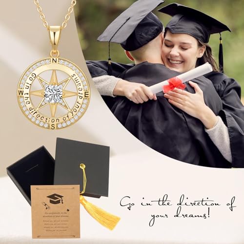 Graduation Gifts for Her, Inspirational Graduates Compass Necklace for Women Girls Jewelry, Class of Senior High School College Graduation Gifts for Friends with Congrats Grad Box and Gift Card (18K Gold Filled 925 Sterling Silver necklace)2