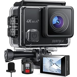 Surfola Action Cam 4K WiFi 30FPS 20MP Unterwasserkamera 40M PC Kamera Helmkamera mit Externes Mikrofon Fernbedienung…