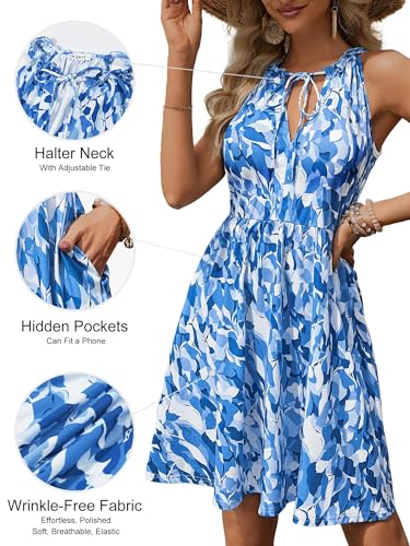 Image of HUHOT Petite Women Teen Summer Halter Dress Vacation Mini Sundress with Pockets