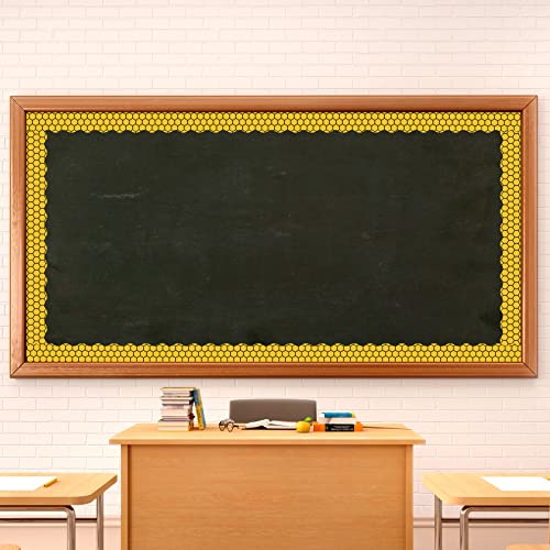 Whaline 69Ft Bee Bulletin Board Borders Yellow Black Cartoon Bees Honeycomb Bulletin Board Stickers Spot Stripe Scalloped Border for World Bee Day Summer Party Home Office Decoration, 60Pcs