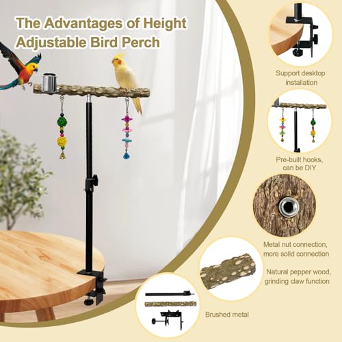 Image of 18-27 Inch Height Adjustable Bird Perch Pepper Wood Desktop Bird Training Perch Stand with Feeding Cups and Swing Toy Parakeet Perches Indoor and Outdoor Parrot Stand for Small to Medium Birds