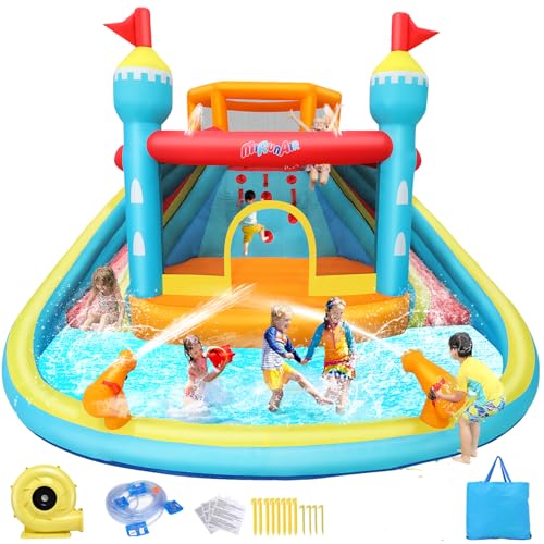 AKEYDIY Inflatable Bounce House with Double Water Slide & Splash Pool, Mega Backyard Water Park with Blower Included for Kids 3-12 Birthday Party Gifts