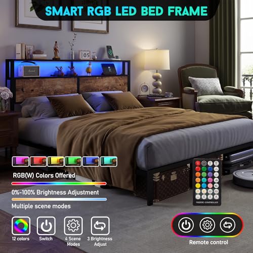 Image of King Size Bed Frame with Headboard, Metal Platform Bed Frame with LED Lights & Charging Station, Under Bed Storage, Solid and Stable, No Box Spring Needed, Noise Free, Easy Assembly, Vintage Brown