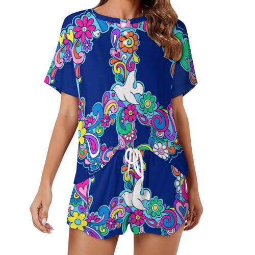 Pyjama femme manches courtes Paix Et Amour en coton fluide ensemble de nuit ete