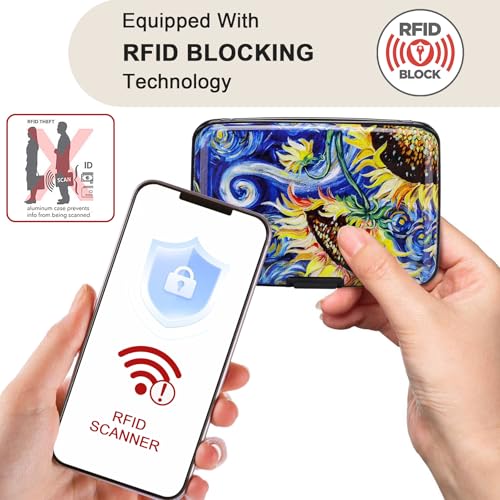 Image of ELFISH Mini RFID Aluminum Wallet Credit Cards Holder Business Card Case Metal ID Case for Men Women (Sun flower)