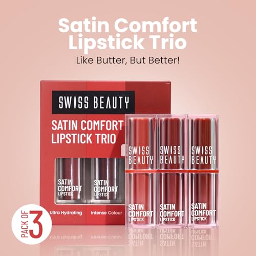 Image of Swiss Beauty Satin Comfort Lipstick Trio 3-in-1| Ultra-Hydrating | Highly Pigmented | Smooth Glide | Satin Matte Finish | One-Swipe Application | Shade- 2-Pink & Mauve, 9gm