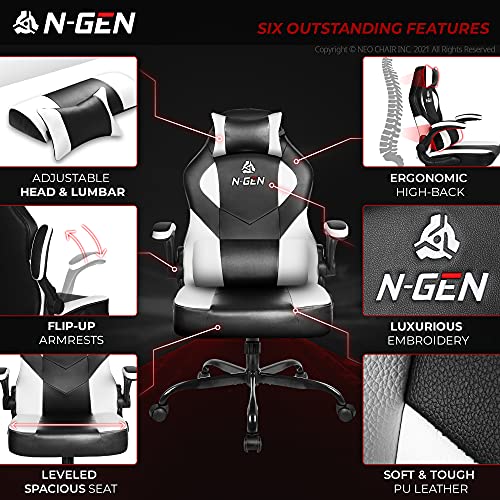 Image of N-GEN Gaming Chair Ergonomic Office Chair PC Desk Chair with Lumbar Support Flip Up Arms Levelled Seat Style Headrest PU Leather Executive High Back Computer Chair for Adults Women Men (4. White)