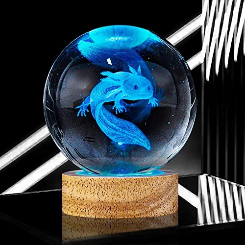 3D Axolotl Crystal Ball Night Light with 16 Color LED Wooden Base, Upgraded 3.15 Inch Axolotl Glass Ball Lamp with Remote Control Desk Decor Gifts for Holiday Birthday Gifts