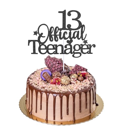 13th Official Teenager Cake Topper, Double Sides Glitter 13 Birthday Cake Pick Decorations Happy Birthday Party Supplies Decorations for Teen Boys Girls (Black)