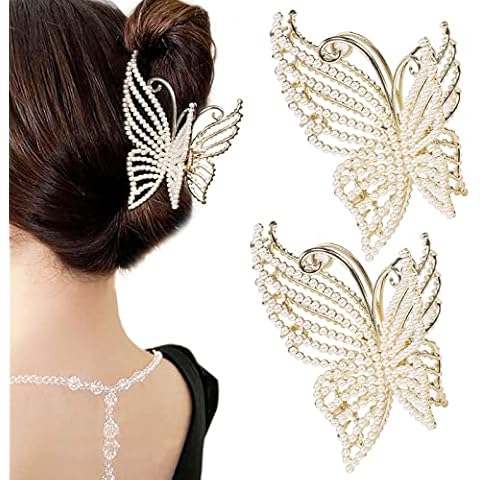 2Pcs Butterfly Pearl Hair Claw Clips, Large Non Slip Strong Hold Hair Jaw Clips Inlaid with Bling Pearls, Elegant Fairy-like Hair Accessories for Women Girls of Thick Thin Hair Headwear Gifts Cover