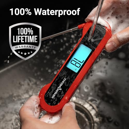 Professional 0.5 Sec Instant Read Meat Thermometer Digital, NIST Certified ±0.5℉ Accuracy, Auto Rotate Large LCD Display, 100% Waterproof Cooking Thermometer for Baking Grill BBQ Smoker Oven, Red #4